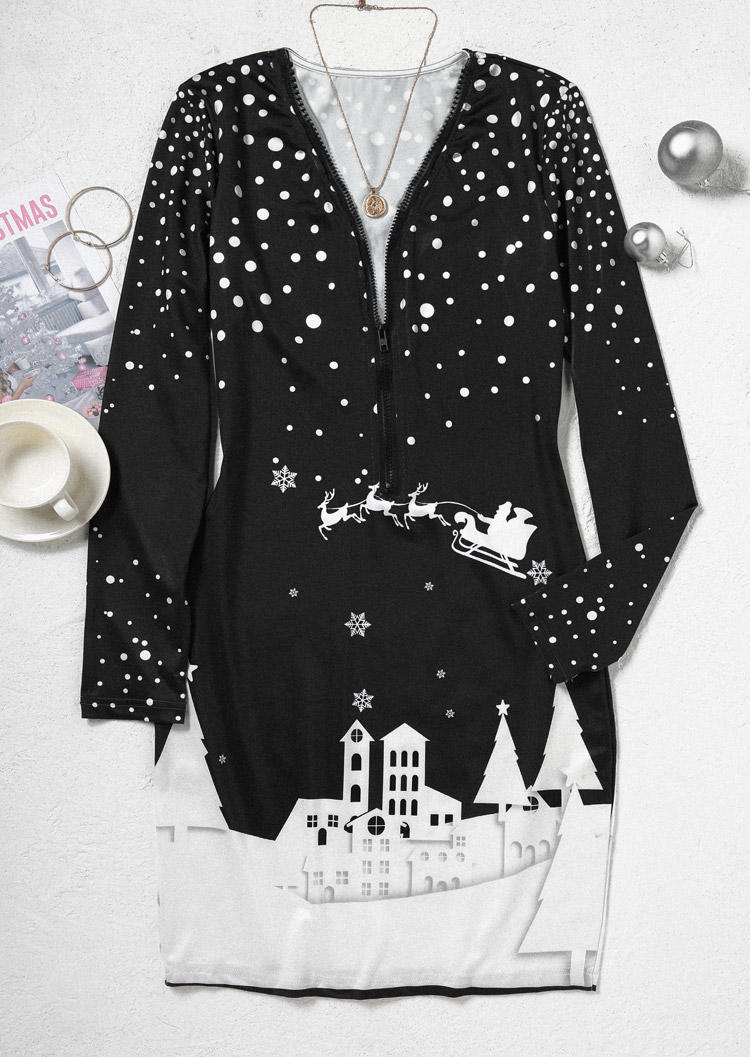 Christmas Snowflake Dot Zipper Bodycon Dress - Black