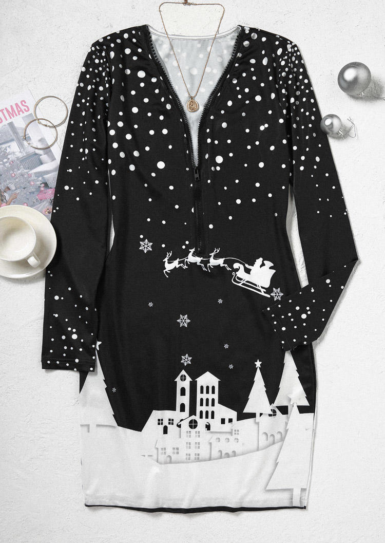 

Bodycon Dresses Christmas Snowflake Dot Zipper Bodycon Dress in Black. Size