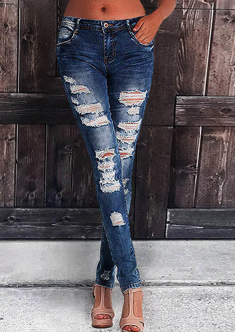 

Pants Ripped Hole Frayed Denim Pants in Blue. Size: L,M,,XL