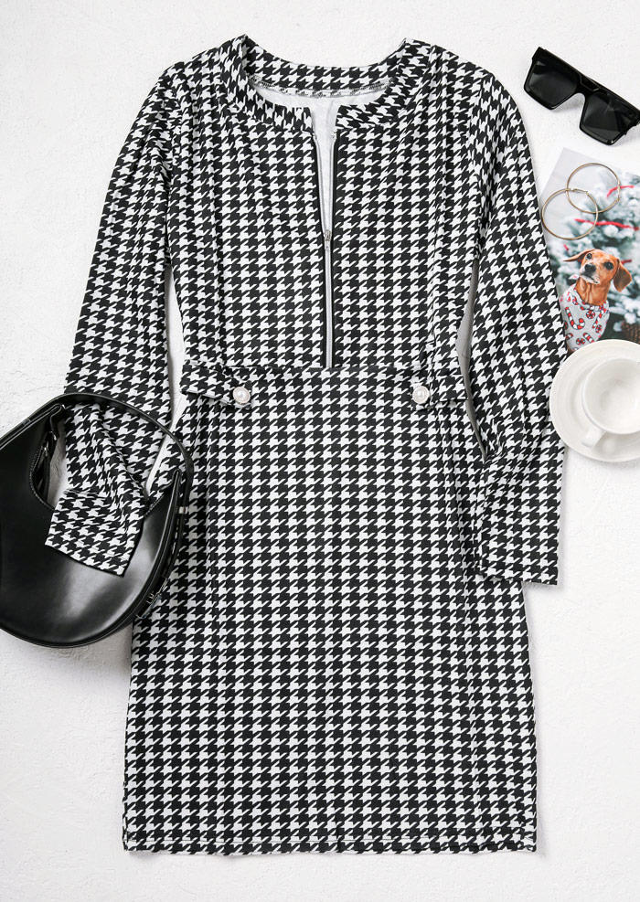 

Bodycon Dresses Houndstooth Zipper Long Sleeve Bodycon Dress in Black. Size