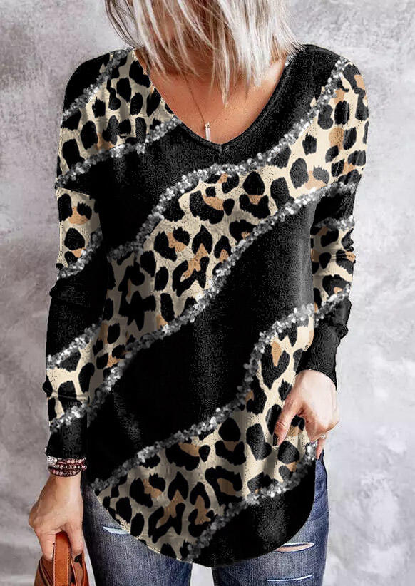 

Blouses Leopard Glitter Criss-Cross Open Back Blouse in Black. Size