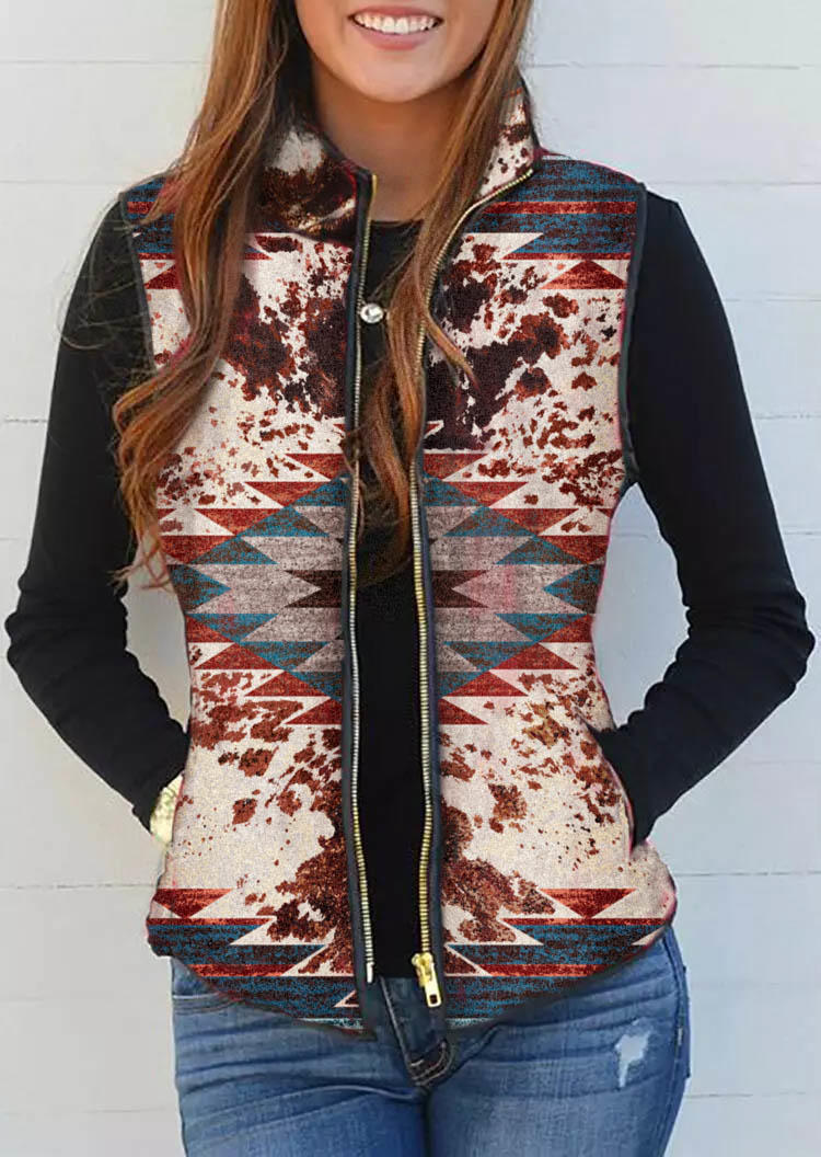 

Coats Aztec Geometric Cow Pocket Zipper Vest Coat in Multicolor. Size: ,XL