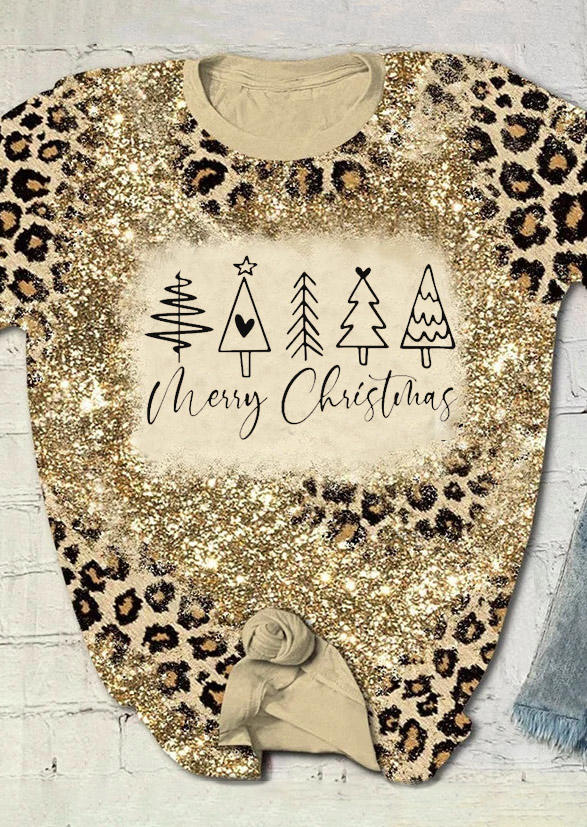 

T-shirts Tees Merry Christmas Tree Leopard Glitter T-Shirt Tee in Multicolor. Size
