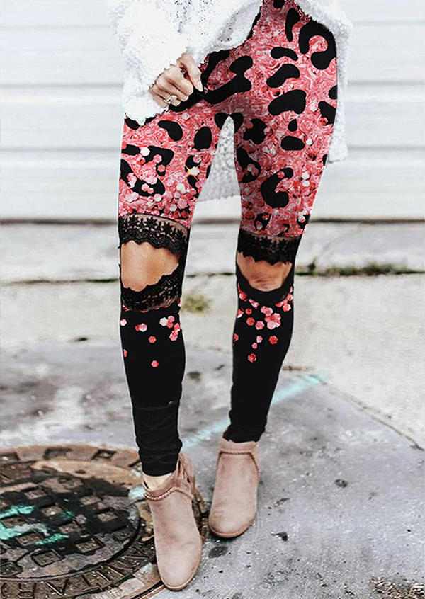 

Leggings Lace Leopard Glitter Hollow Out Skinny Leggings in Multicolor. Size: L,M,,XL