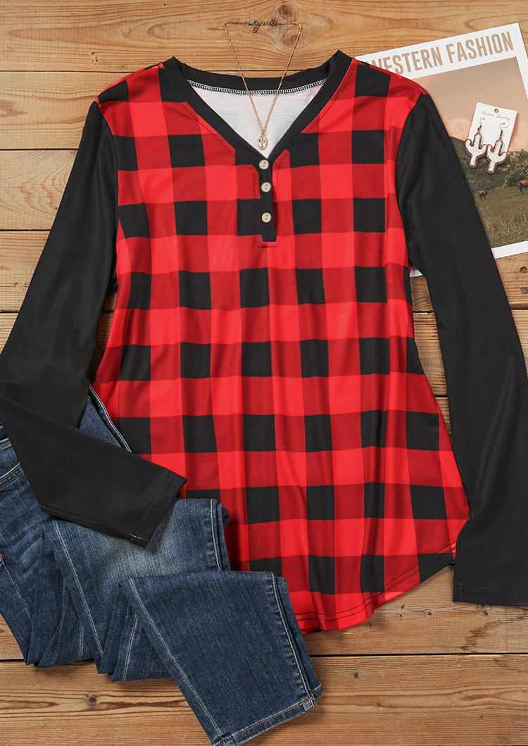 Blouses Buffalo Plaid Button V-Neck Blouse in Red. Size: L,M,S,XL
