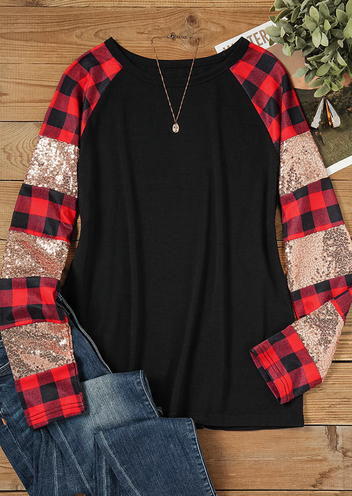 

Blouses Plaid Glitter Raglan Sleeve Blouse in Black. Size: L,M,,XL