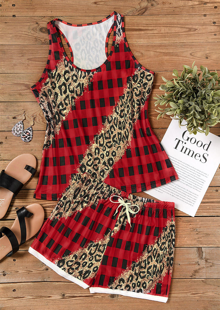 

Sleepwear Plaid Leopard Tank And Shorts Pajamas Set in Multicolor. Size