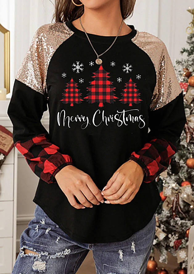 

T-shirts Tees Merry Christmas Snowflake Glitter Plaid T-Shirt Tee in Black. Size