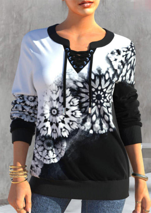 Sweatshirts Floral Lace Up Long Sleeve Pullover Sweatshirt in Black. Size: S,XL