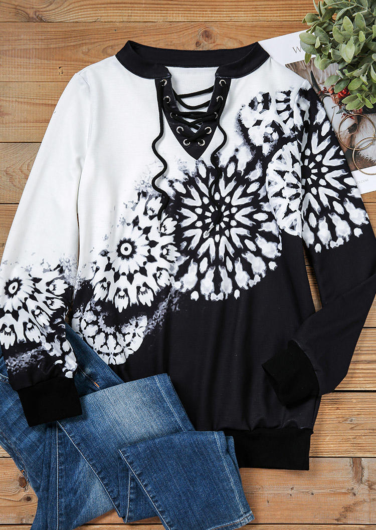 Floral Lace Up Long Sleeve Pullover Sweatshirt