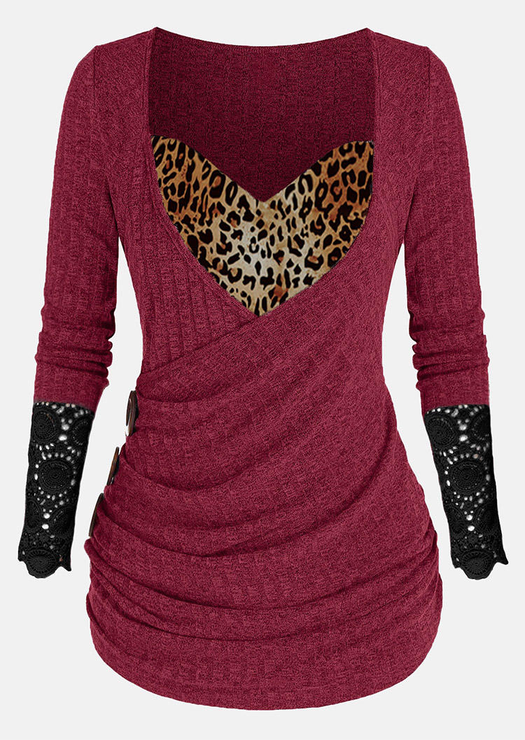Blouses Leopard Lace Splicing Button Ruched Blouse - Burgundy in Red. Size: L,M,S,XL