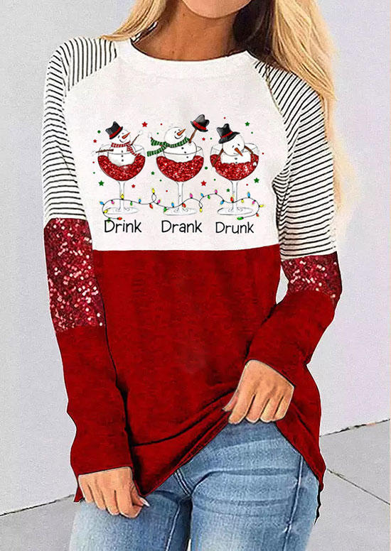 Christmas Drink Drank Drunk Striped Snowman Wine Glass Glitter T-Shirt Tee - Red