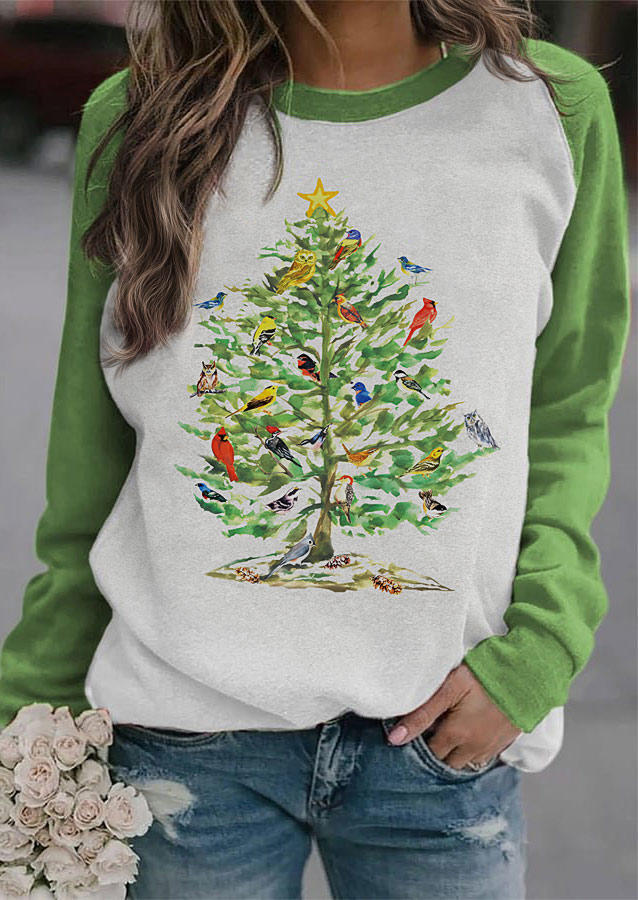 Christmas Tree Bird Star Sweatshirt - Light Green