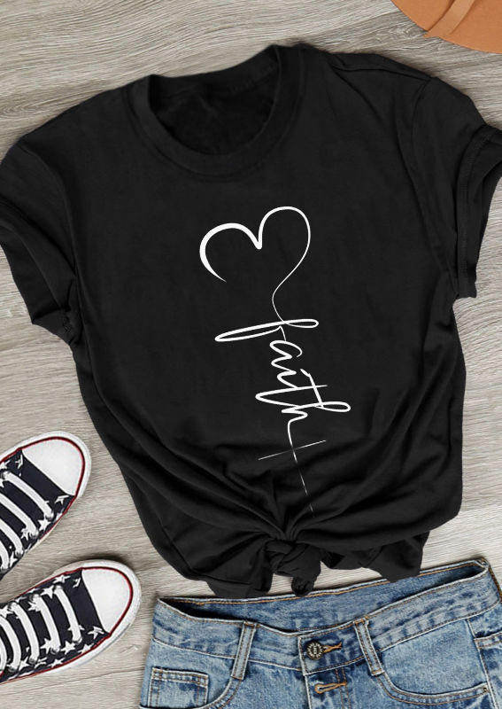 Faith Heart Cross T-Shirt Tee - Black