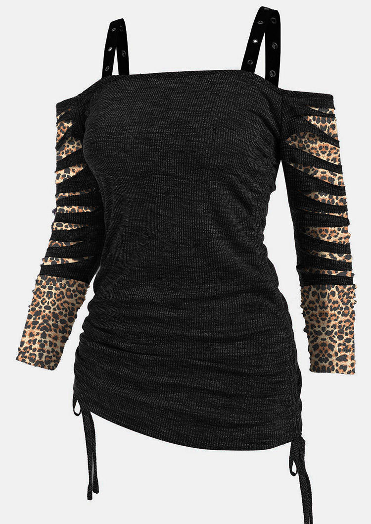 Blouses Leopard Cut Out Spaghetti Strap Cold Shoulder Blouse in Black. Size: L,M,S,XL