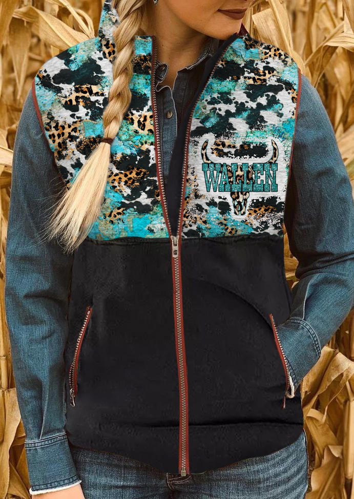 

Coats Steer Skull Leopard Tie Dye Pocket Zipper Vest Coat in Multicolor. Size: L,M,,XL