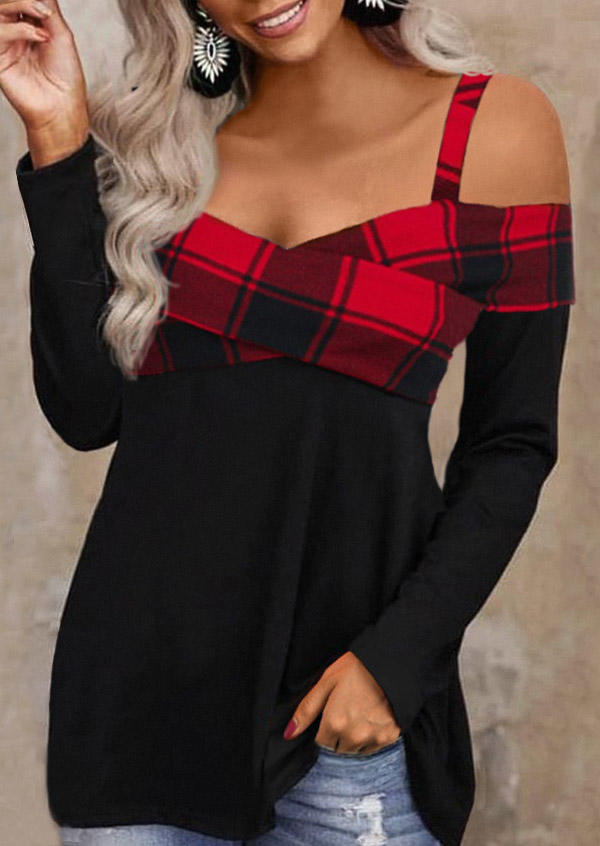 Buffalo Plaid Wrap Cold Shoulder Blouse - Black