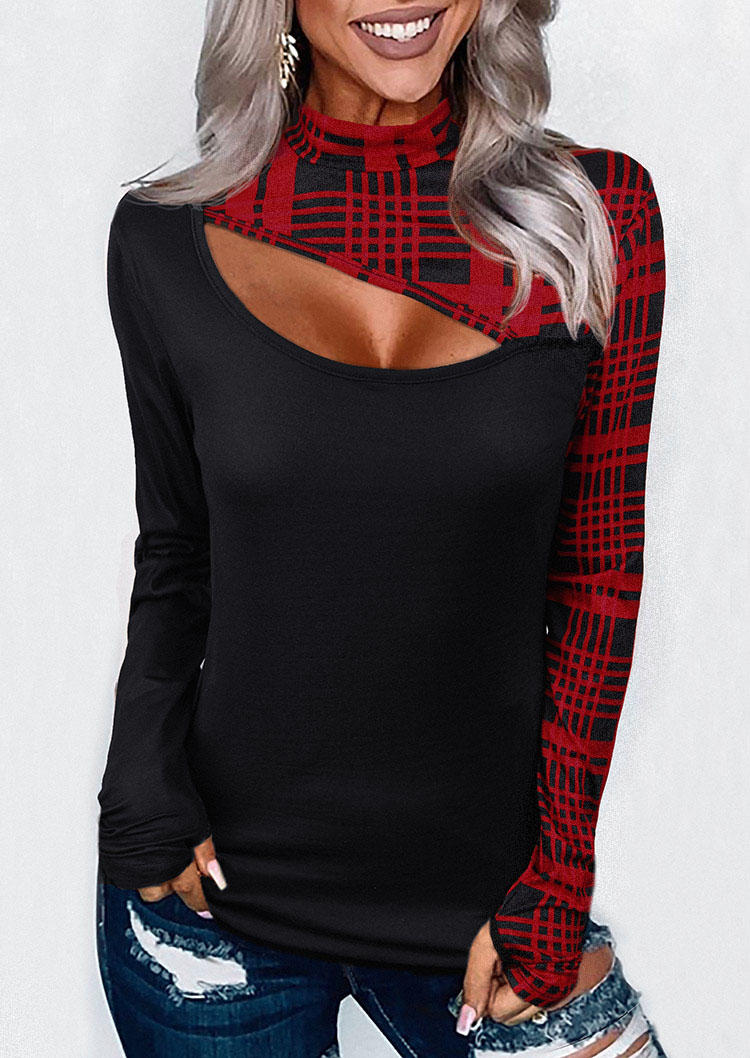 Blouses Plaid Hollow Out Long Sleeve Blouse in Black. Size: L,M,S,XL