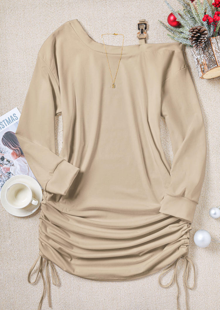 Bodycon Dresses Ruched Buckle Strap One Sided Cold Shoulder Bodycon Dress in Khaki. Size: L,M,S,XL