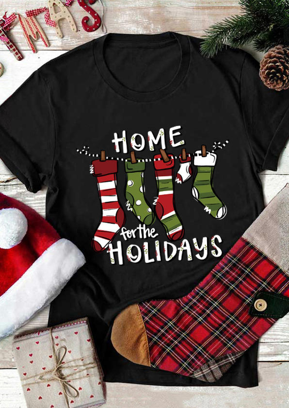 Home For The Holidays Striped Dot T-Shirt Tee - Black
