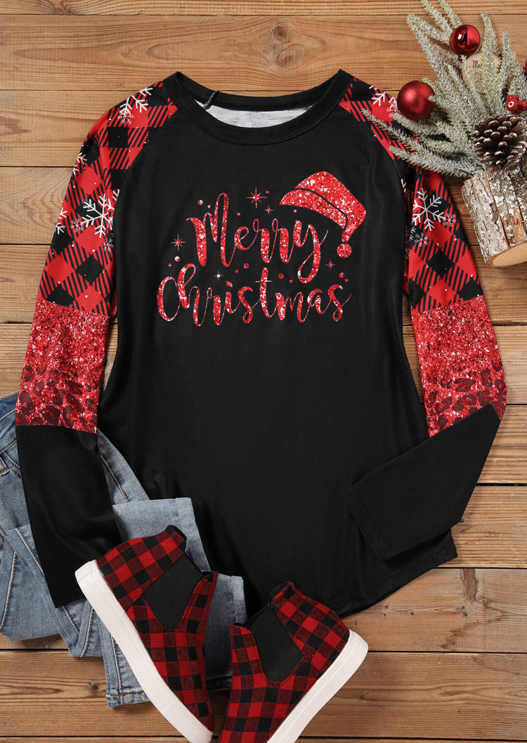 Merry Christmas Plaid Snowflake O-Neck T-Shirt Tee - Black