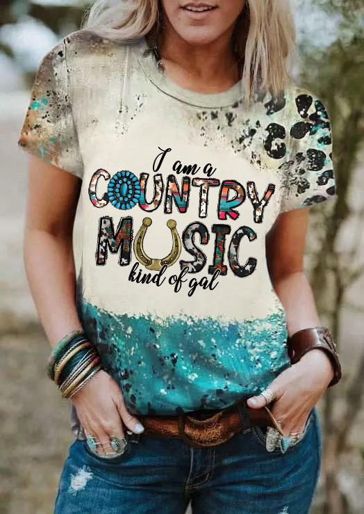 I Am A Country Music Kind Of Gal Leopard Bleached T-Shirt Tee - Cyan