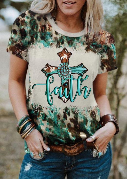 Faith Turquoise Cross O-Neck T-Shirt Tee