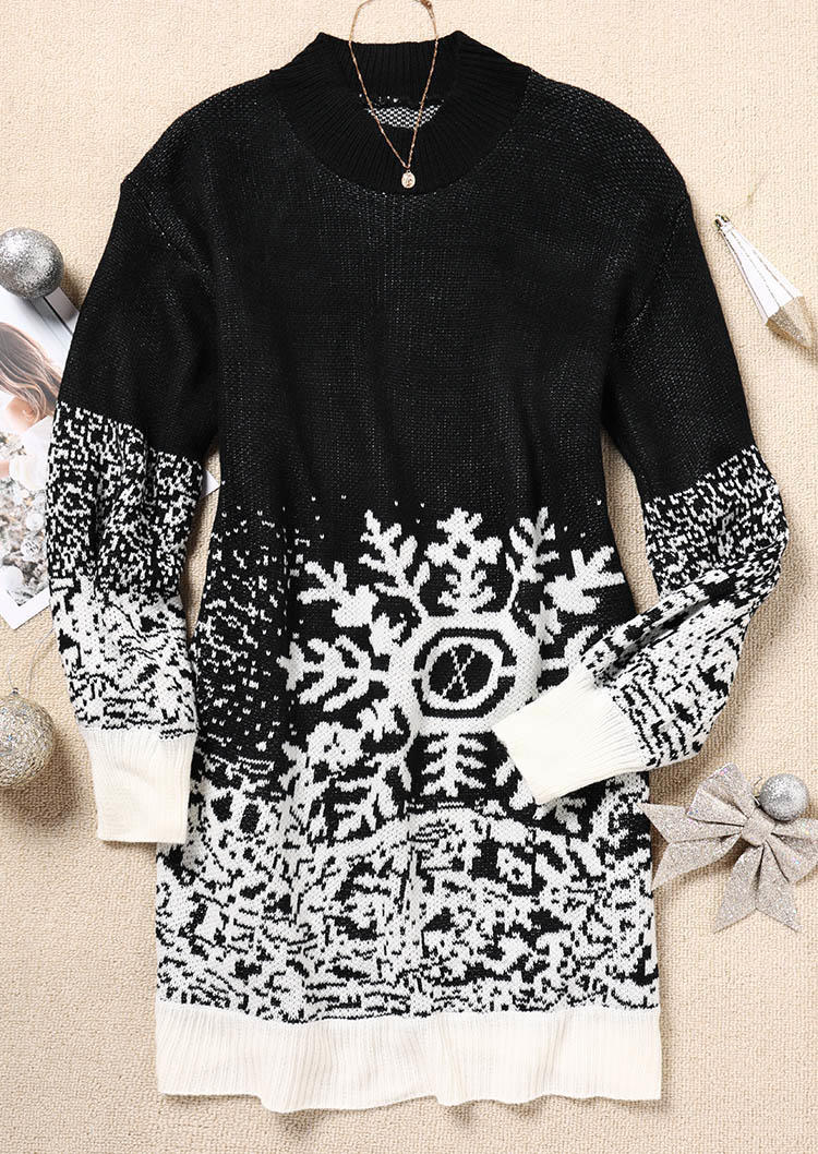 Sweater Dresses Christmas Snowflake Long Sleeve Sweater Dress in Black. Size: L,M