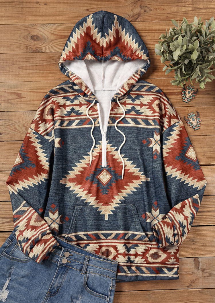 

Hoodies Aztec Geometric Drawstring Kangaroo Pocket Zipper Hoodie in Multicolor. Size: L