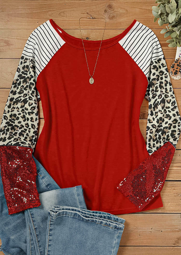 

Blouses Leopard Striped Glitter Long Sleeve Blouse in Red. Size: L,M