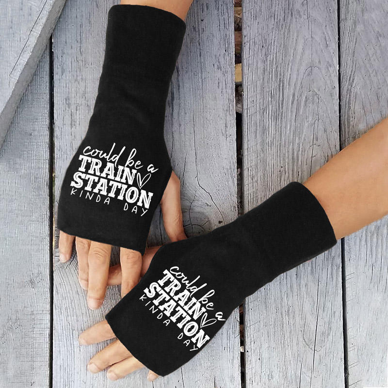 Could Be A Train Station Kinda Day Thumbhole Fingerless Gloves - Black