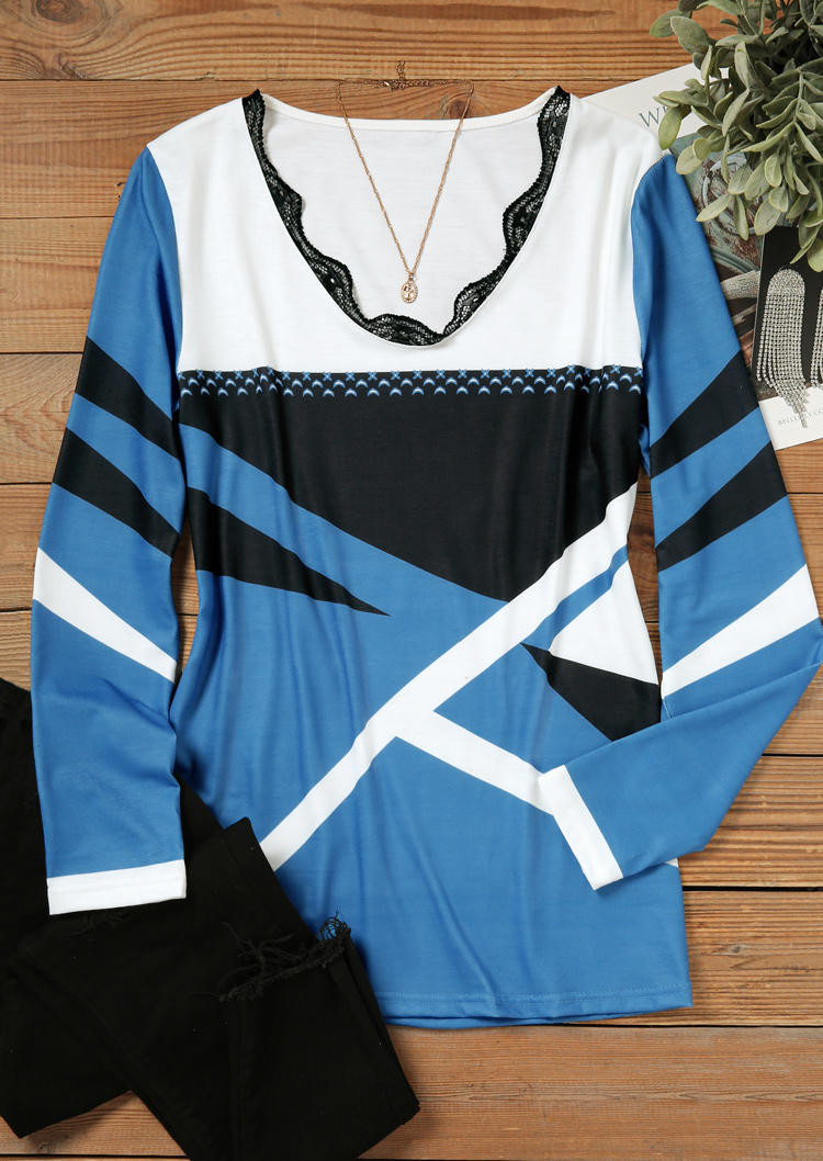 

Blouses Color Block Lace Splicing Blouse in Blue. Size