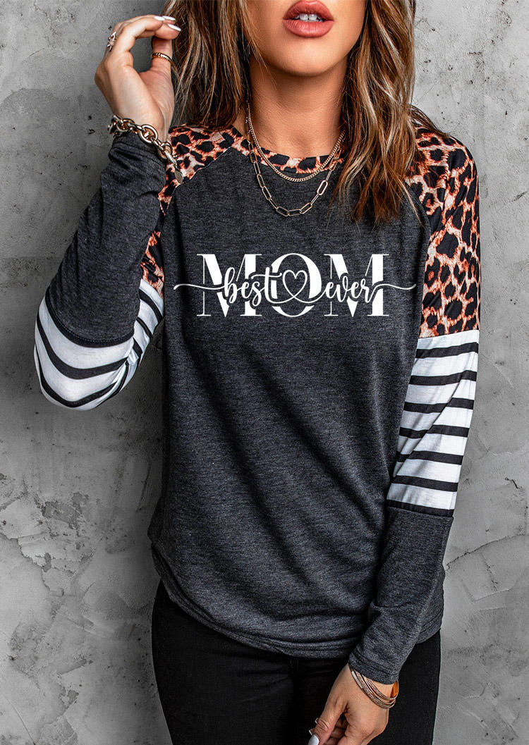 T-shirts Tees Best Mom Ever Leopard Striped O-Neck T-Shirt Tee in Gray. Size: L,M,S