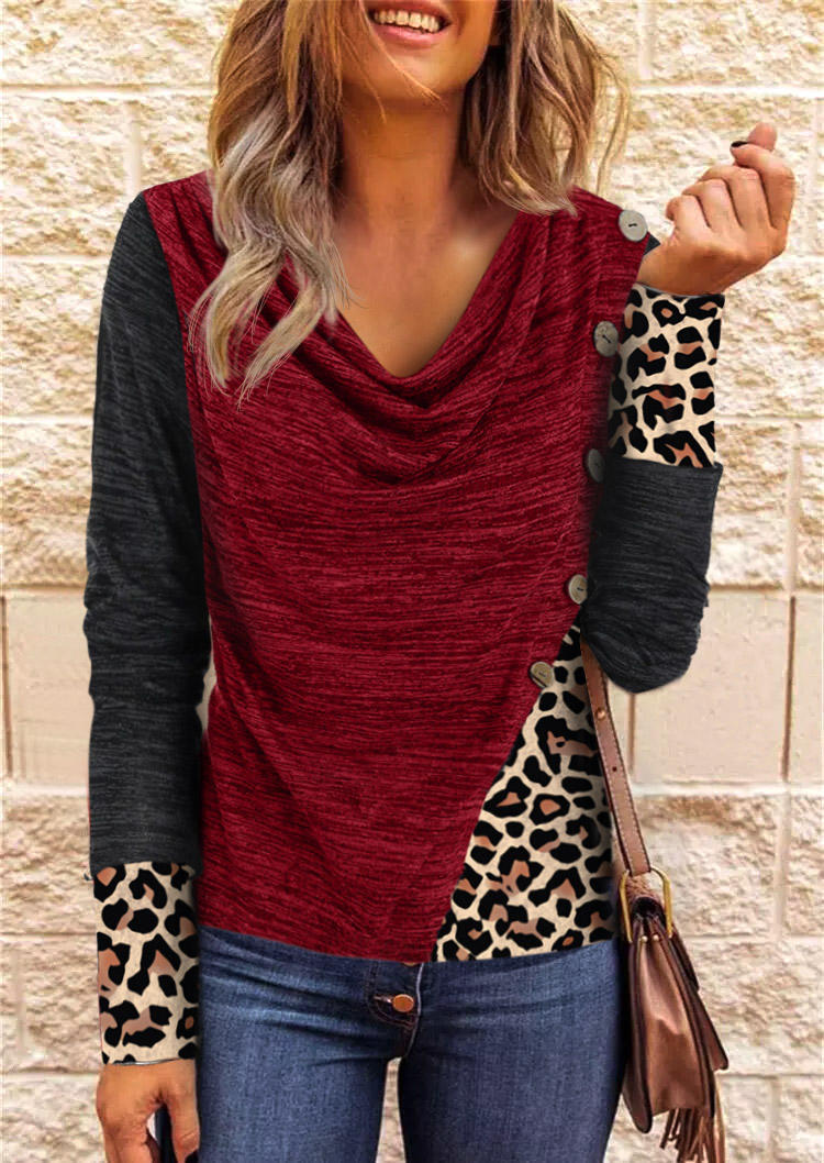

Blouses Leopard Color Block Button Blouse - Burgundy in Red. Size