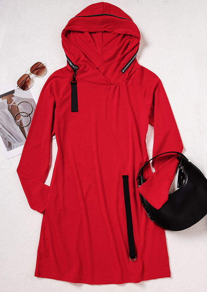 Mini Dresses Zipper Pocket Hooded Mini Dress in Red. Size: L,M,S,XL