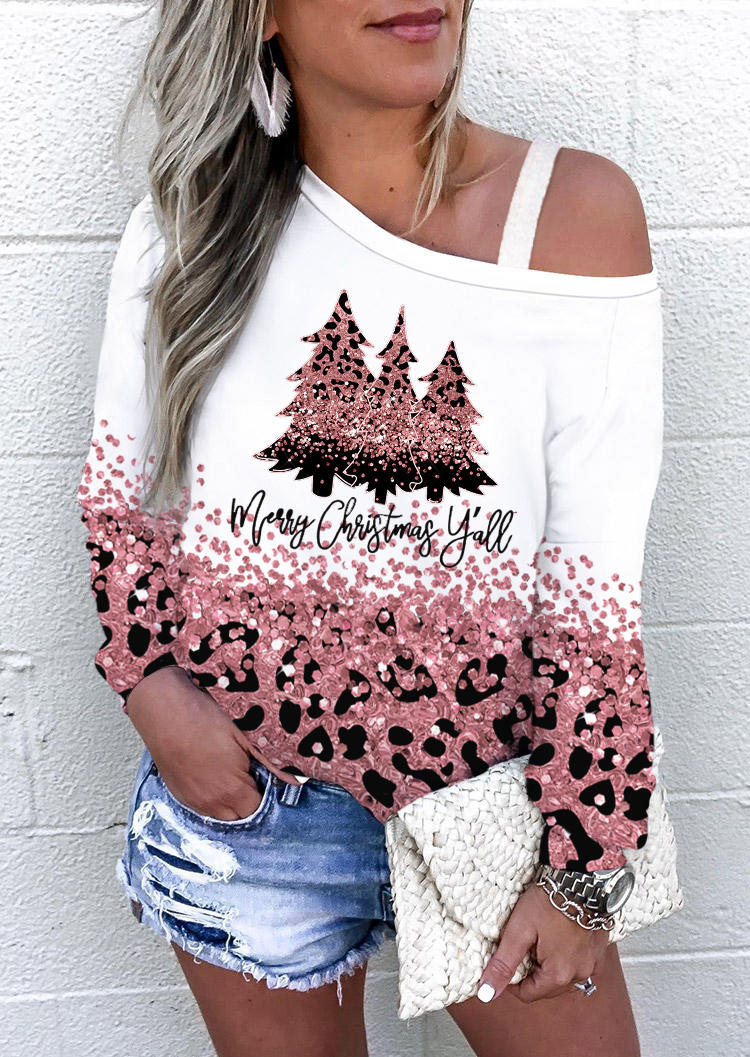 

Blouses Merry Christmas Y'all Tree Leopard Glitter Blouse in White. Size: L,M,,XL