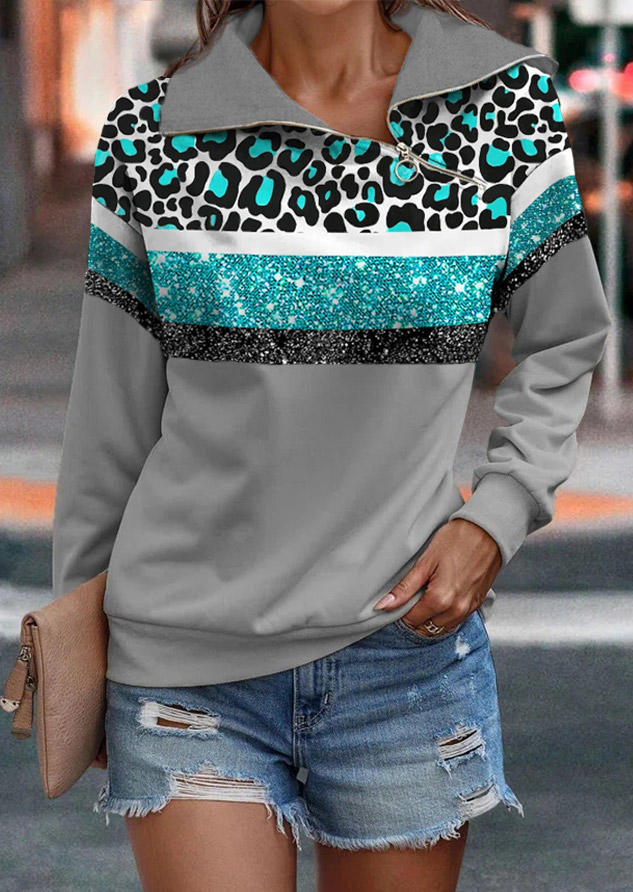 

Blouses Leopard Glitter Zipper Blouse in Gray. Size: L,M,,XL