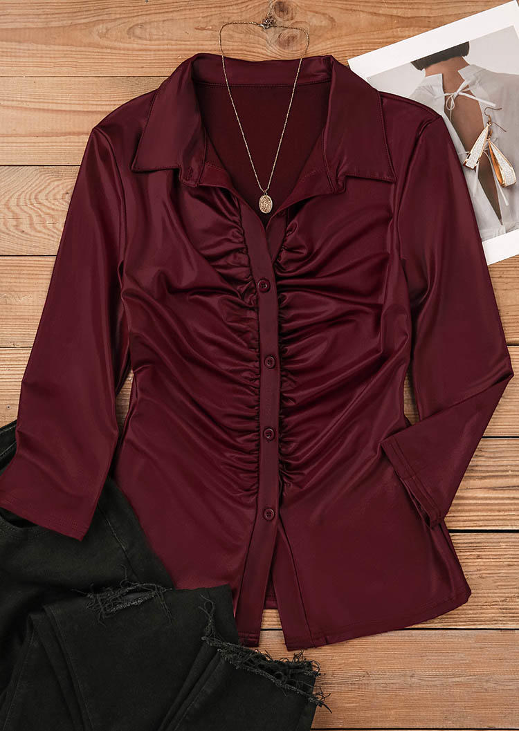

Shirts Ruched Button Long Sleeve Turn-Down Collar Shirt - Burgundy in Red. Size