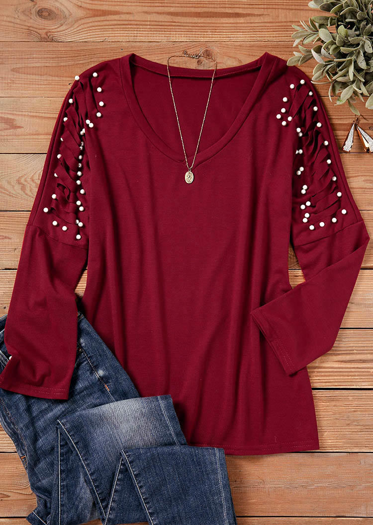 

Blouses Pearl Cut Out Long Sleeve Blouse in Red. Size