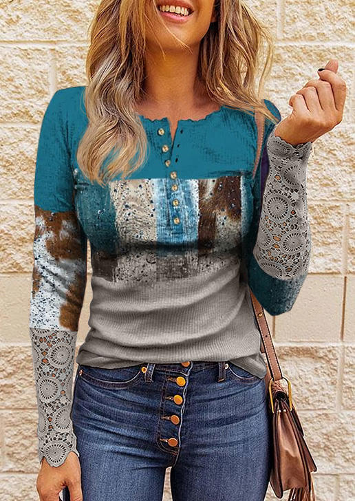 Button Lace Splicing Long Sleeve Blouse