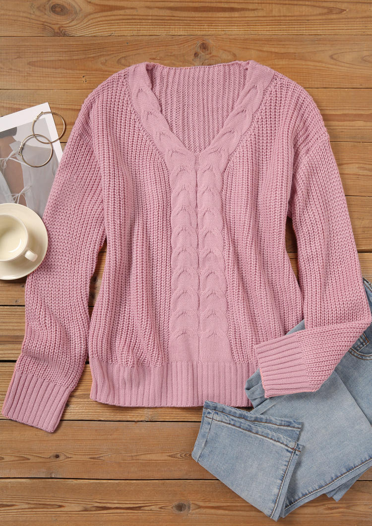 Knitted Drop Shoulder V-Neck Sweater - Pink