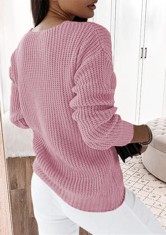 

Sweaters Knitted Drop Shoulder V-Neck Sweater in Pink. Size