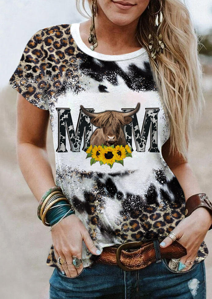 Mom Highland Cattle Sunflower Leopard Bleached T-Shirt Tee