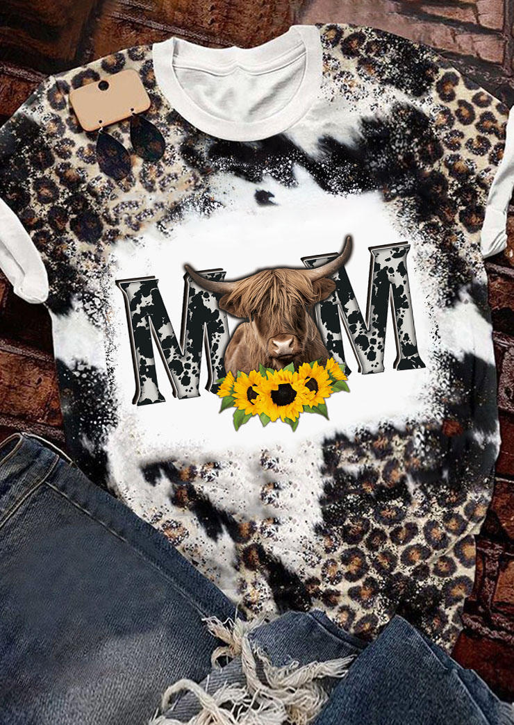 T-shirts Tees Mom Highland Cattle Sunflower Leopard Bleached T-Shirt Tee in Multicolor. Size: L,S,XL