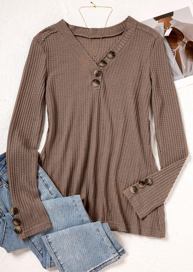 

Blouses Button Waffle Long Sleeve Blouse in Khaki. Size