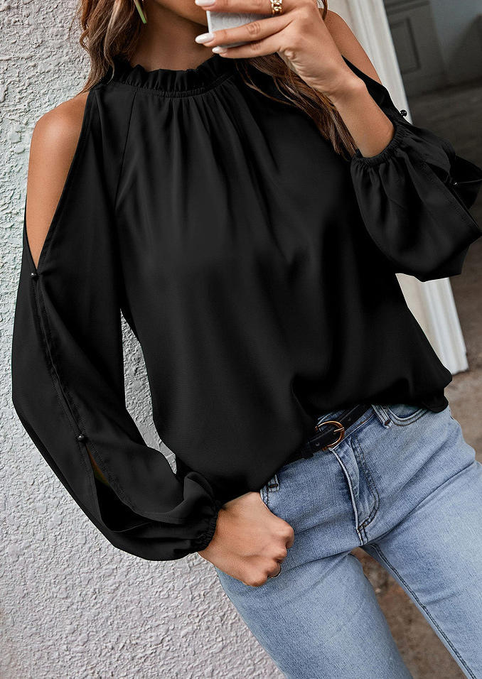 Blouses Ruffled Hollow Out Cold Shoulder Blouse in Black. Size: L,M,S,XL