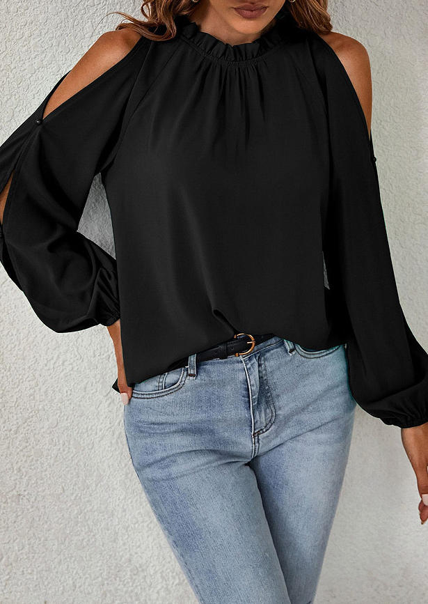 Ruffled Hollow Out Cold Shoulder Blouse - Black