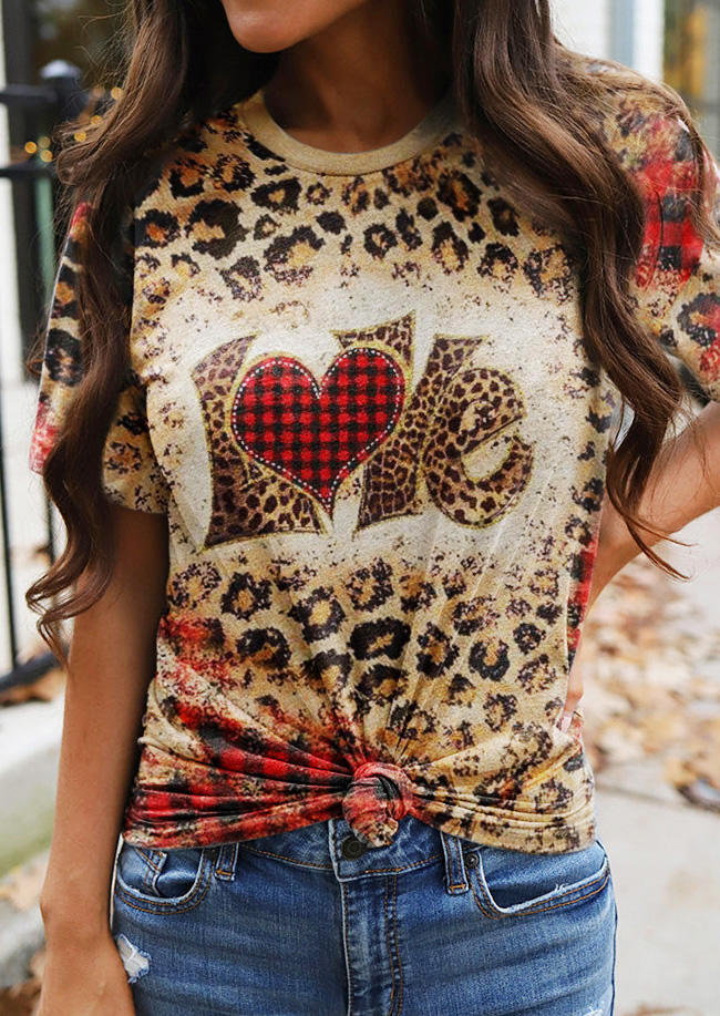 Valentine Love Heart Leopard Plaid T-Shirt Tee