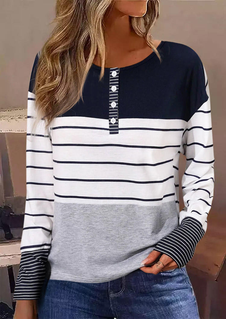 Color Block Striped Button Long Sleeve Blouse