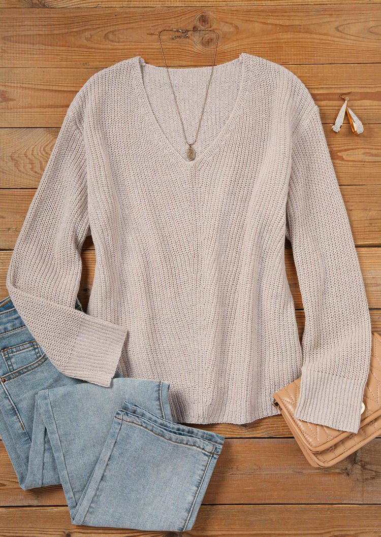 

Sweaters Knitted Long Sleeve V-Neck Sweater in Khaki. Size